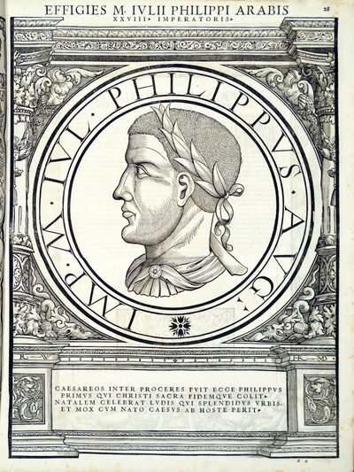 Iulius Philippus, illustratie uit Imperatorum romanorum omnium orientalium et occidentalium verissimae imagines ex antiquis numismatis, houtsnede door Rudolph Wyssenbach, gedrukt door Andreas Gesner, Zürich door Hans Rudolf Manuel Deutsch